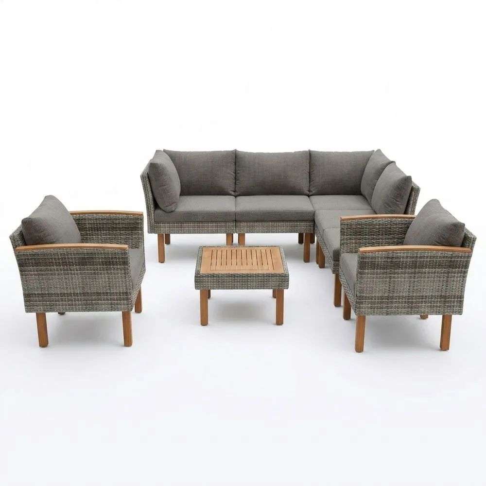 Set Divano da Giardino in Rattan con Tavolino in Teak