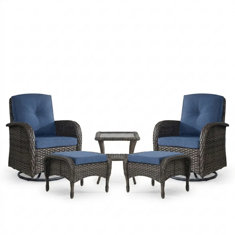 Set da Giardino in Rattan con Poltrone, Poggiapiedi e Tavolino in Vetro Blu