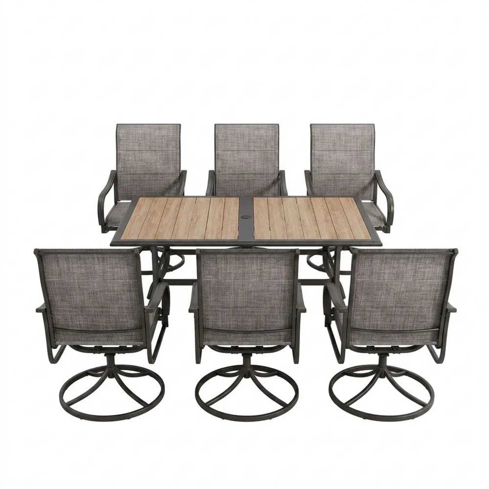 Set da pranzo per esterni con tavolo e sedie girevoli in acciaio e lega di alluminio.