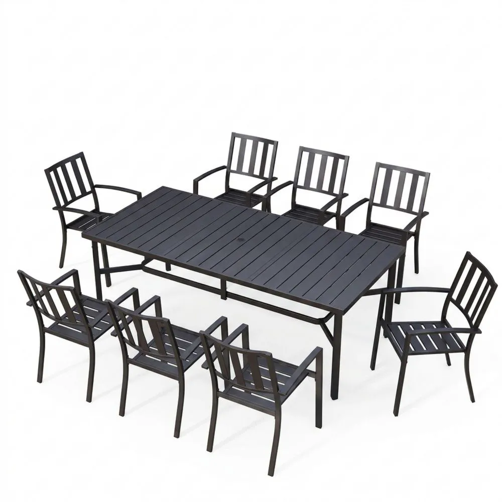 Set da giardino con tavolo e sedie a 8 posti in acciaio nero e lega di alluminio.
