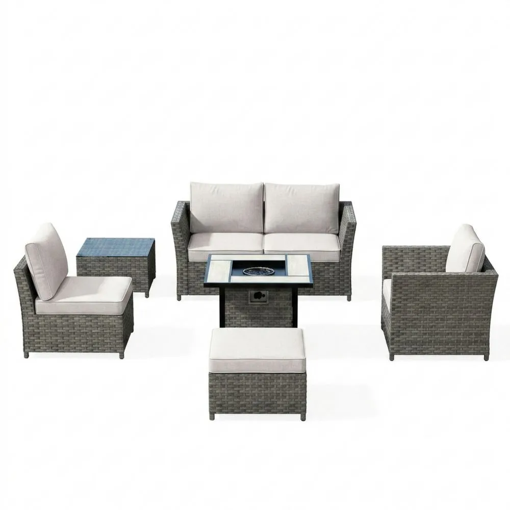 Set divano rattan poliestere grigio con tavolo braciere