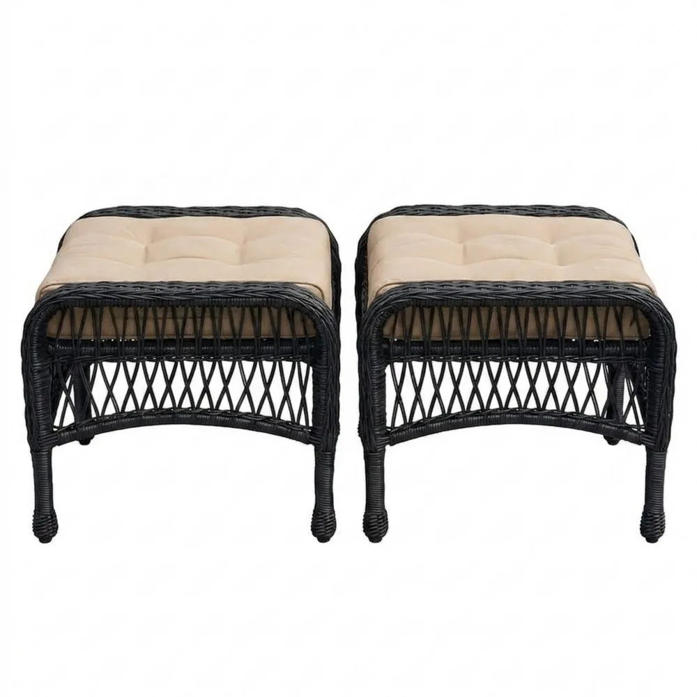 Set di 2 Poggiapiedi in Rattan con Cuscino Beige