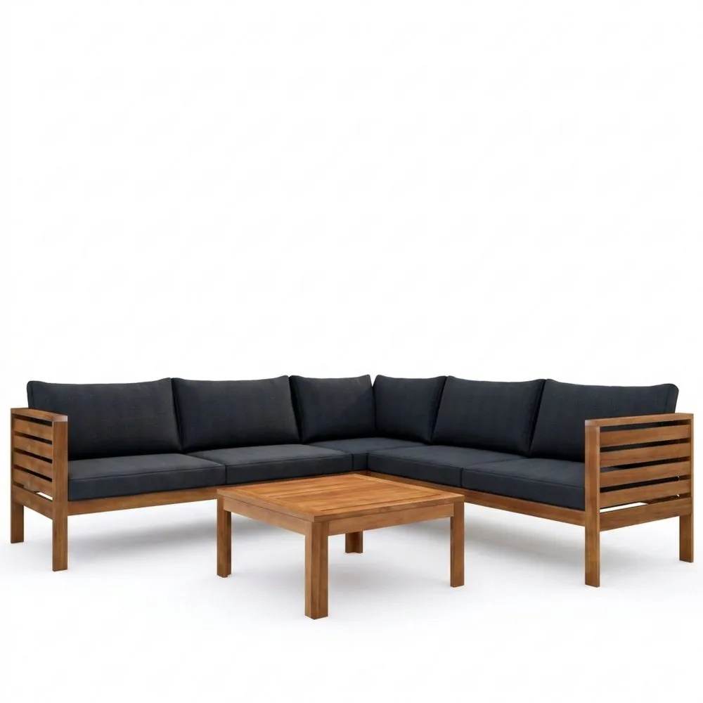 Set di divani angolari da esterno in legno di acacia con cuscini in poliestere.