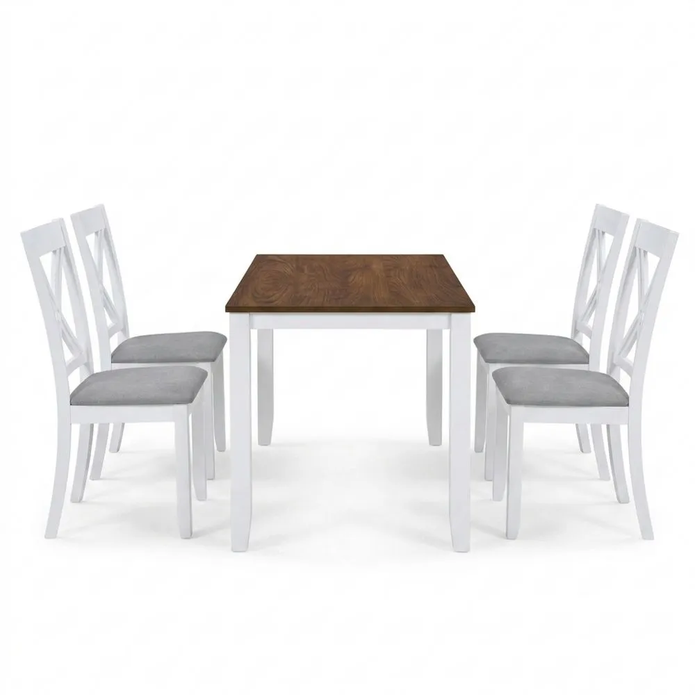 Tavolo rettangolare in legno massello e set di 4 sedie bianche e grigie