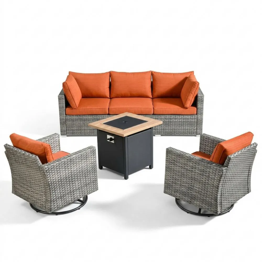 Set da Giardino in Rattan con Divano e Poltrone Rotanti, Cuscini Arancioni