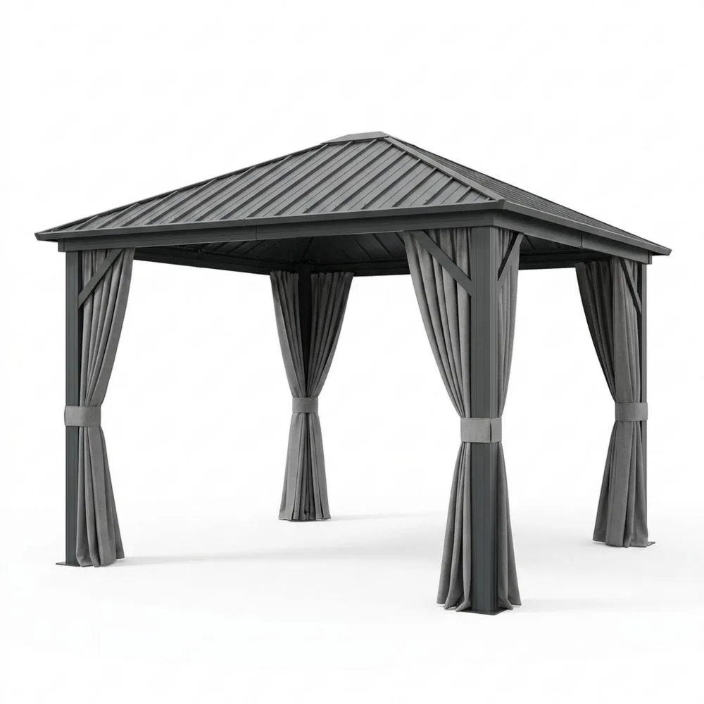 Gazebo in Alluminio con Tetto in Acciaio e Tende Grigio 3x3 m