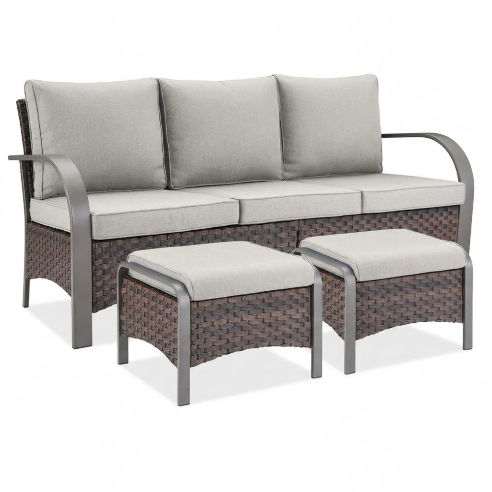 Set Divano e Poggiapiedi in Rattan e Tessuto Grigio