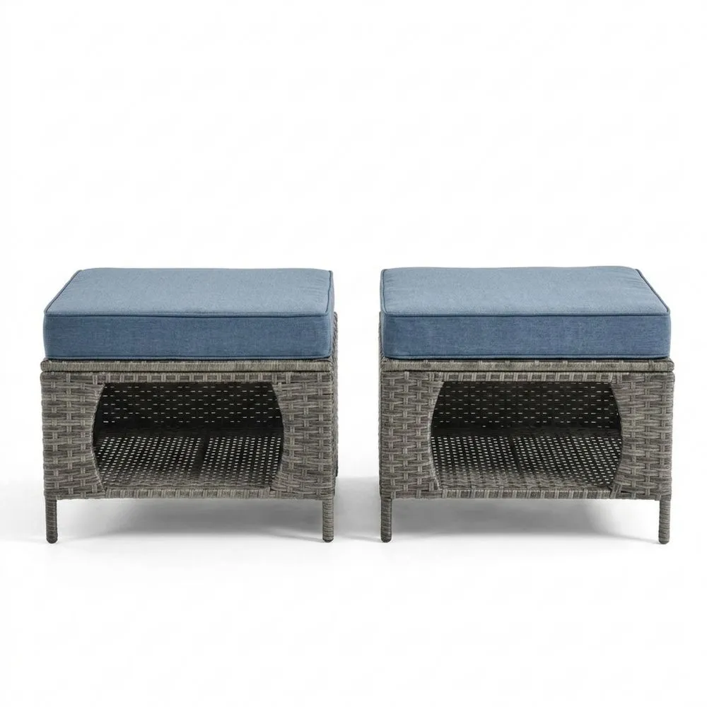 Set di Pouf in Rattan Sintetico Grigio con Cuscino Blu