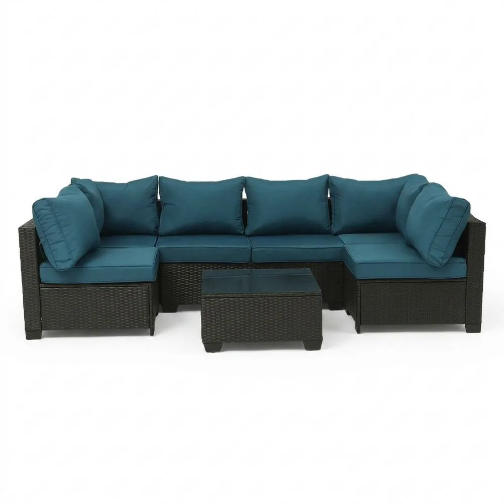 Set Divano Angolare da Esterno in Rattan con Cuscini in Poliestere Blu