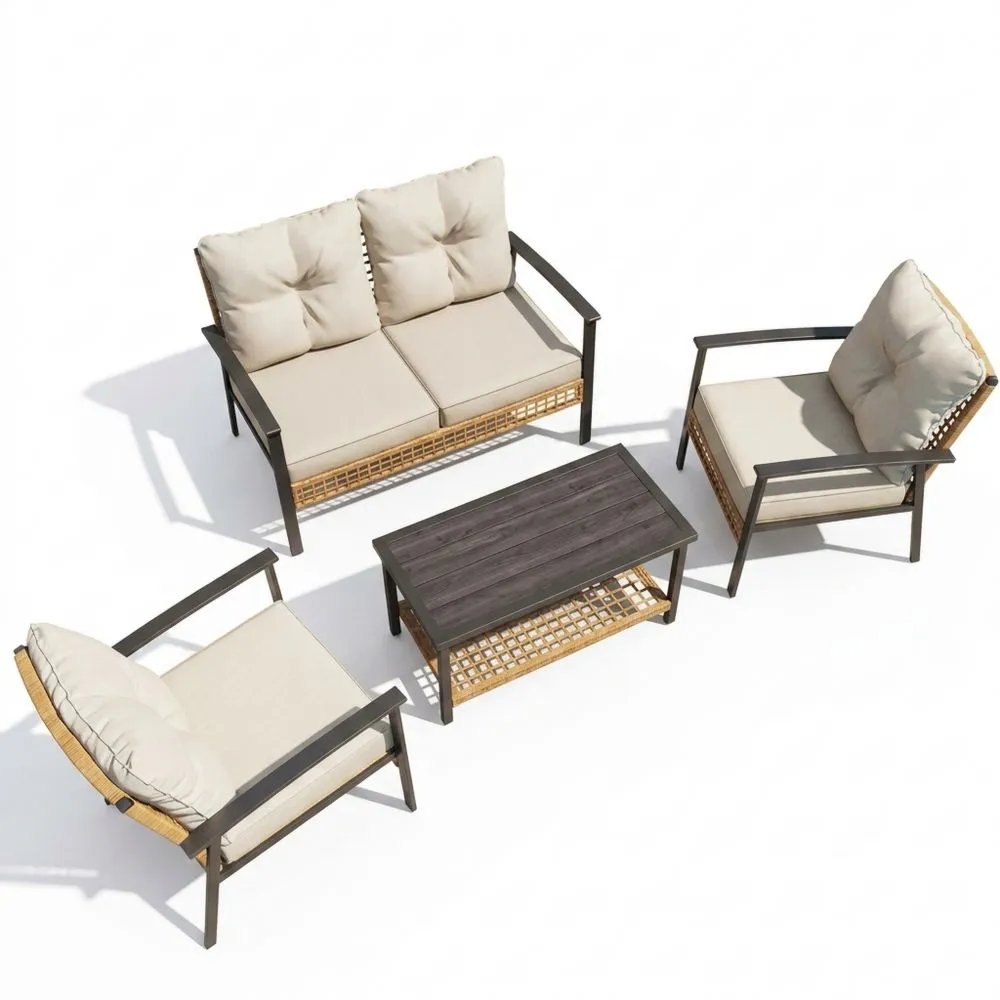 Set di divani da giardino in acciaio e rattan con cuscini beige