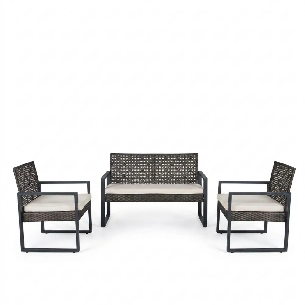 Set di Mobili da Giardino in Rattan con Cuscini Grigi