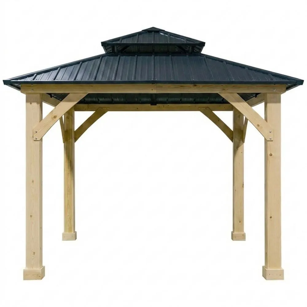 Gazebo da esterno in legno massello con tetto in acciaio nero.