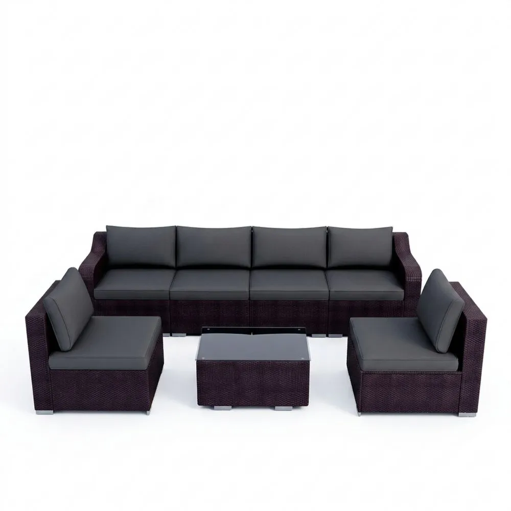 Set Divano da Giardino in Rattan con Cuscini in Pelle Sintetica 5 Pezzi