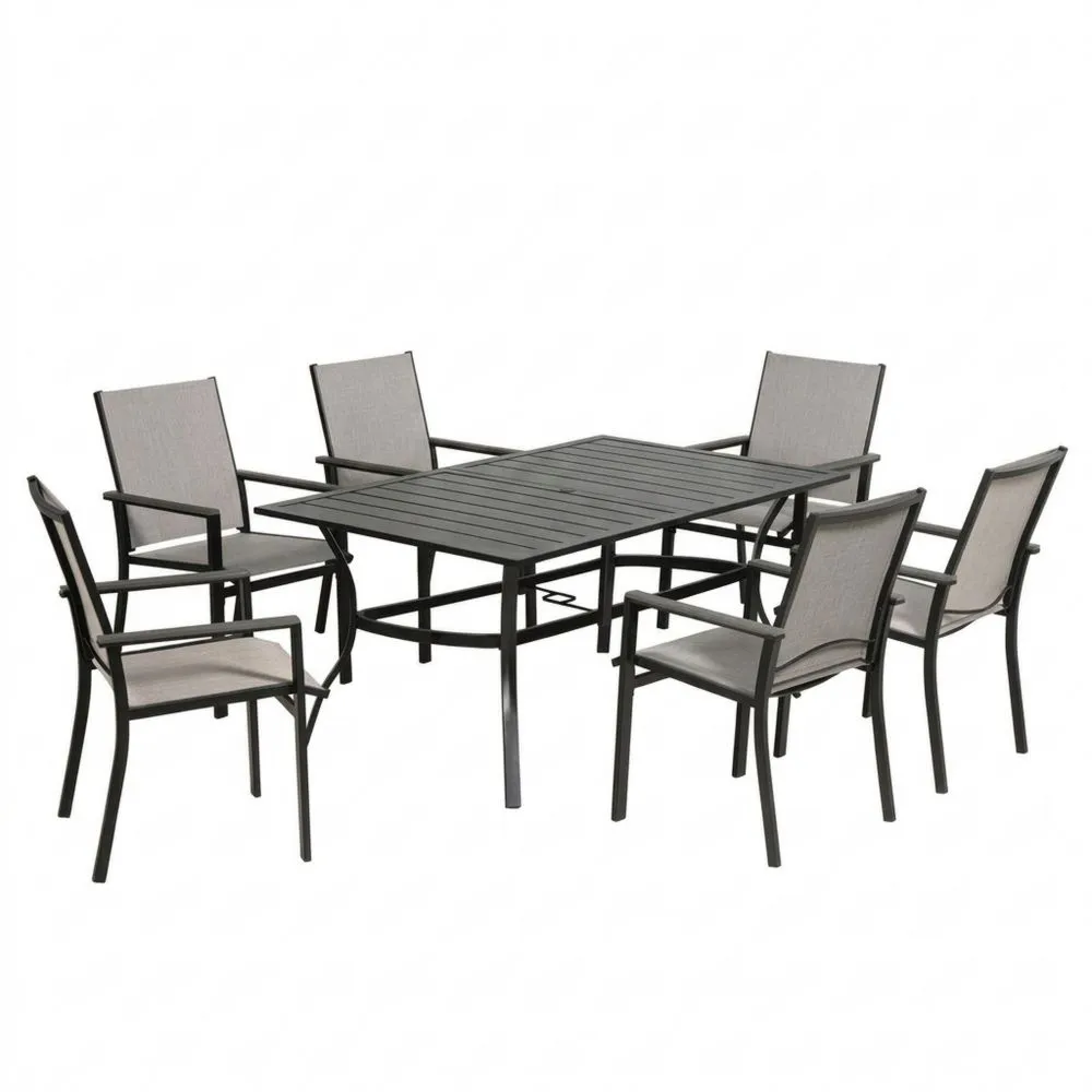 Set di mobili da giardino in lega di alluminio con tavolo e 6 sedie in tessuto di poliestere.