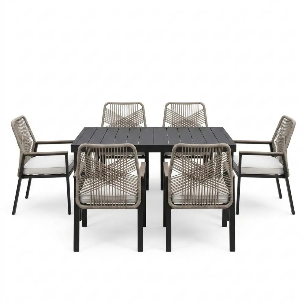 Set Tavolo da Pranzo con 6 Sedie in Alluminio e Corda Nero