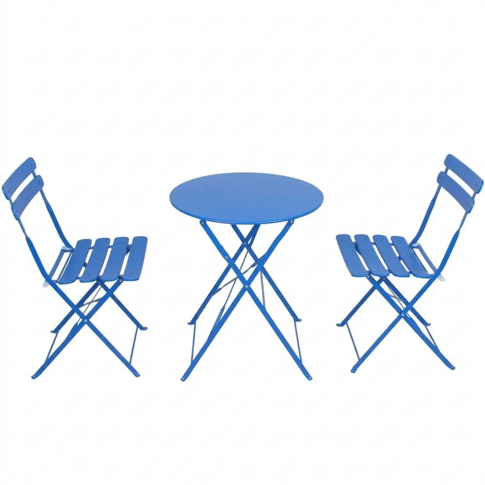 Set da esterno in acciaio blu con tavolo rotondo e sedia pieghevole.