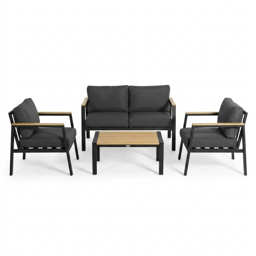 Set mobili da giardino in alluminio e legno con cuscini in poliestere grigio