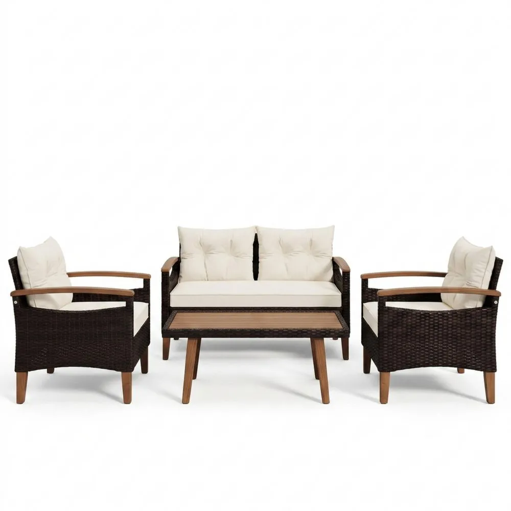 Set da Giardino in Legno e Rattan con Cuscini Beige
