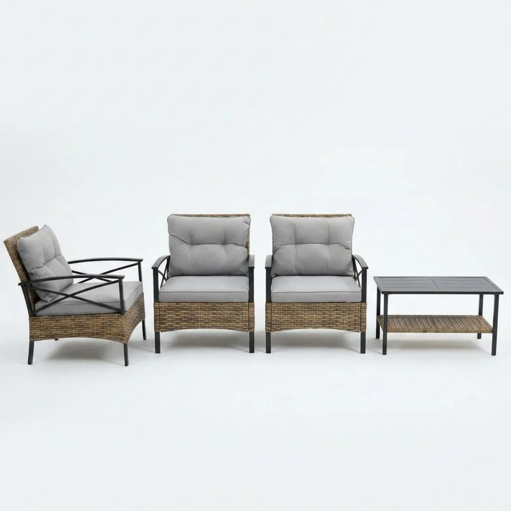 Set di mobili da esterno in acciaio e rattan con cuscini grigi