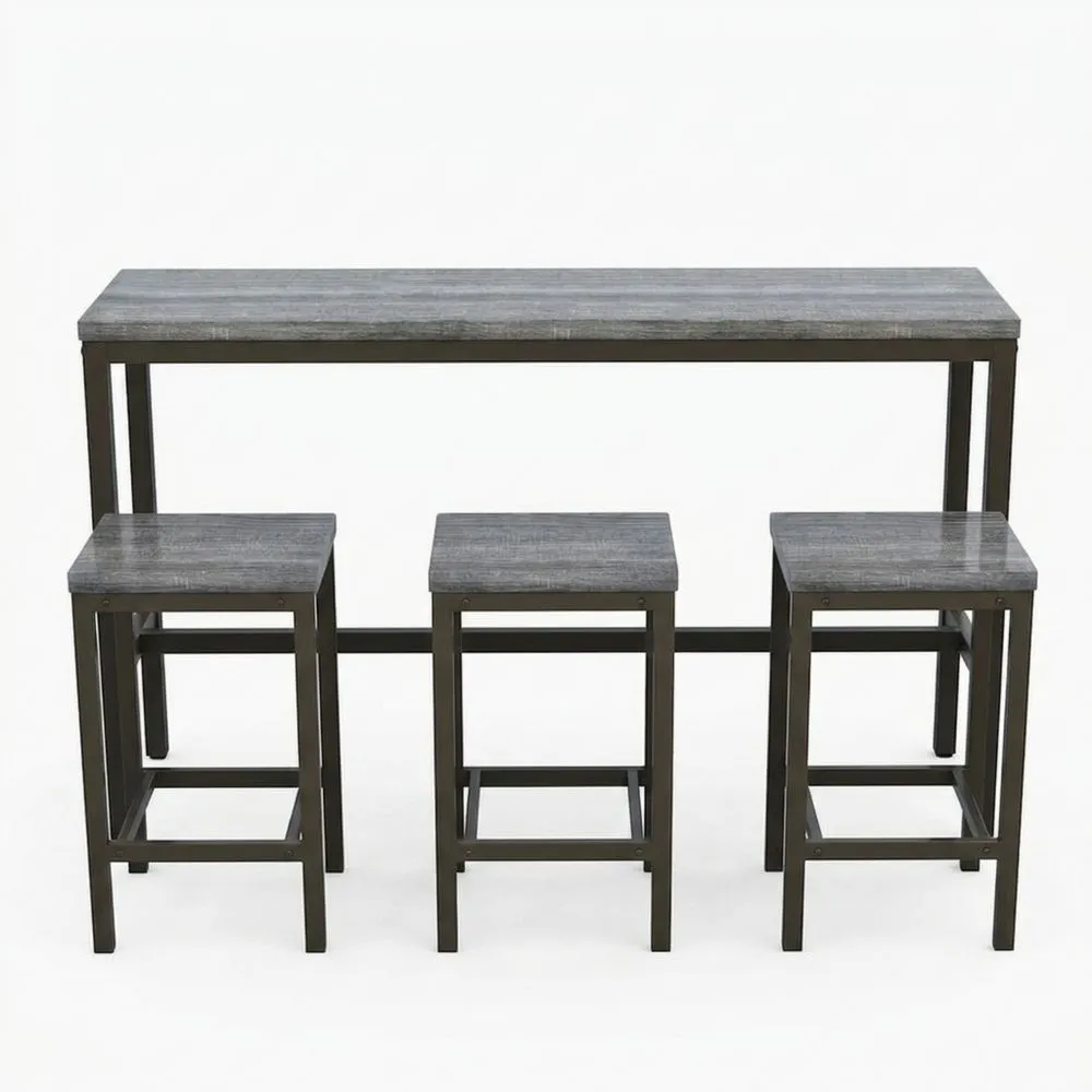 Set composto da tavolo e sedie da bar con struttura in legno composito grigio e acciaio.