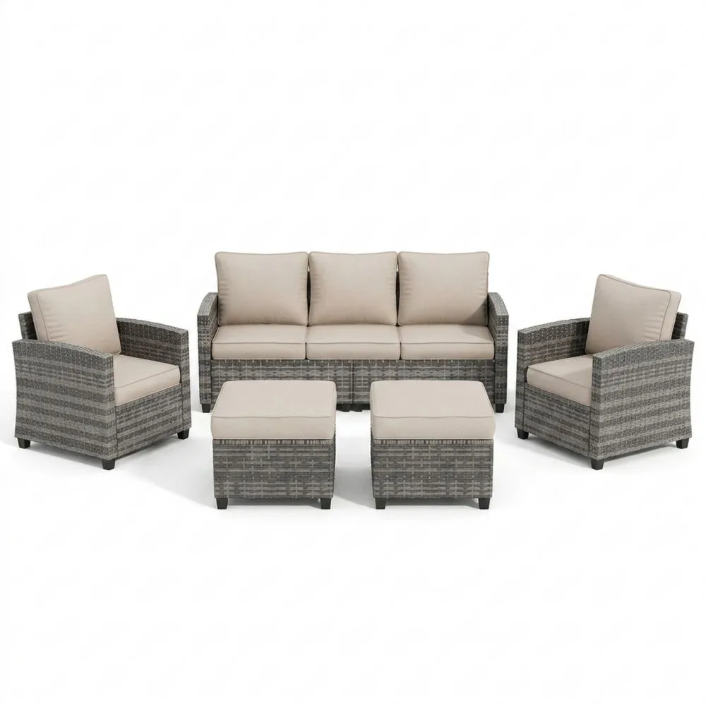 Set Divano da Giardino in Rattan Grigio con Cuscini Beige