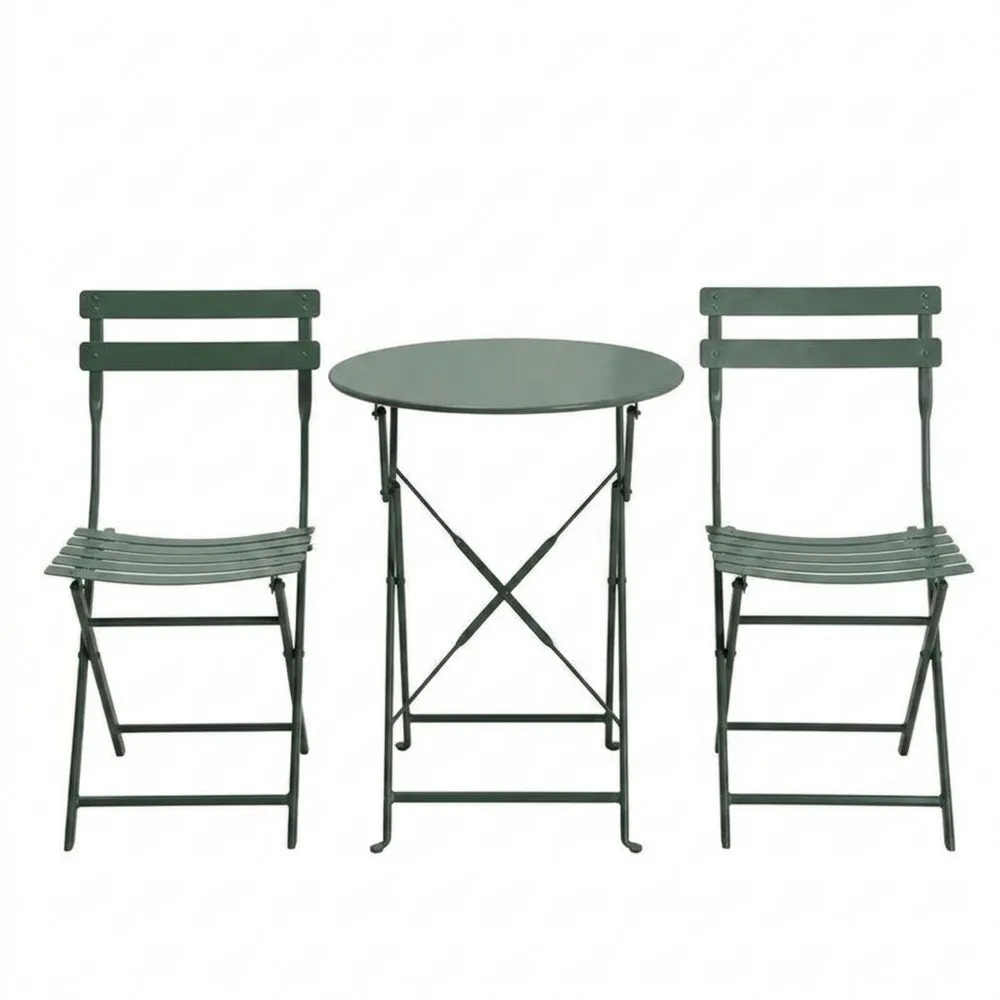 Set composto da tavolo rotondo pieghevole e sedie in acciaio verde.