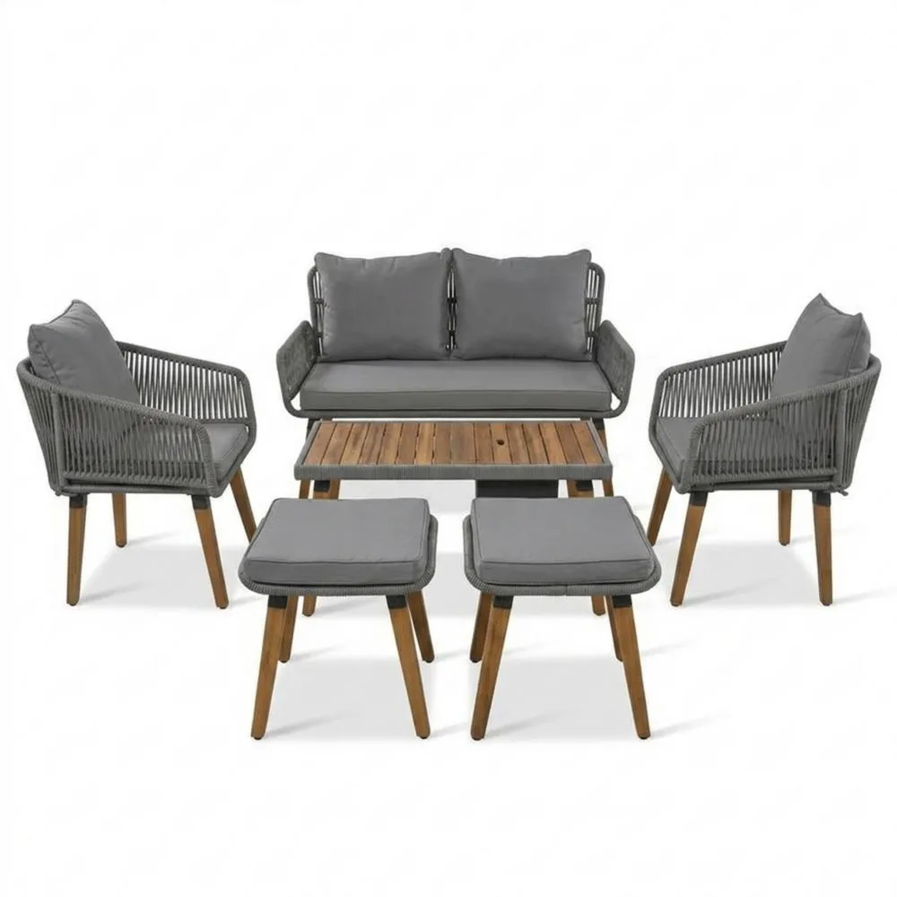 Set da giardino in legno di acacia e cuscini grigi