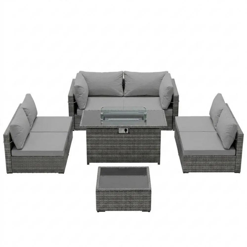 Set da Giardino in Rattan con Cuscini Grigi e Tavolo in Vetro Temperato