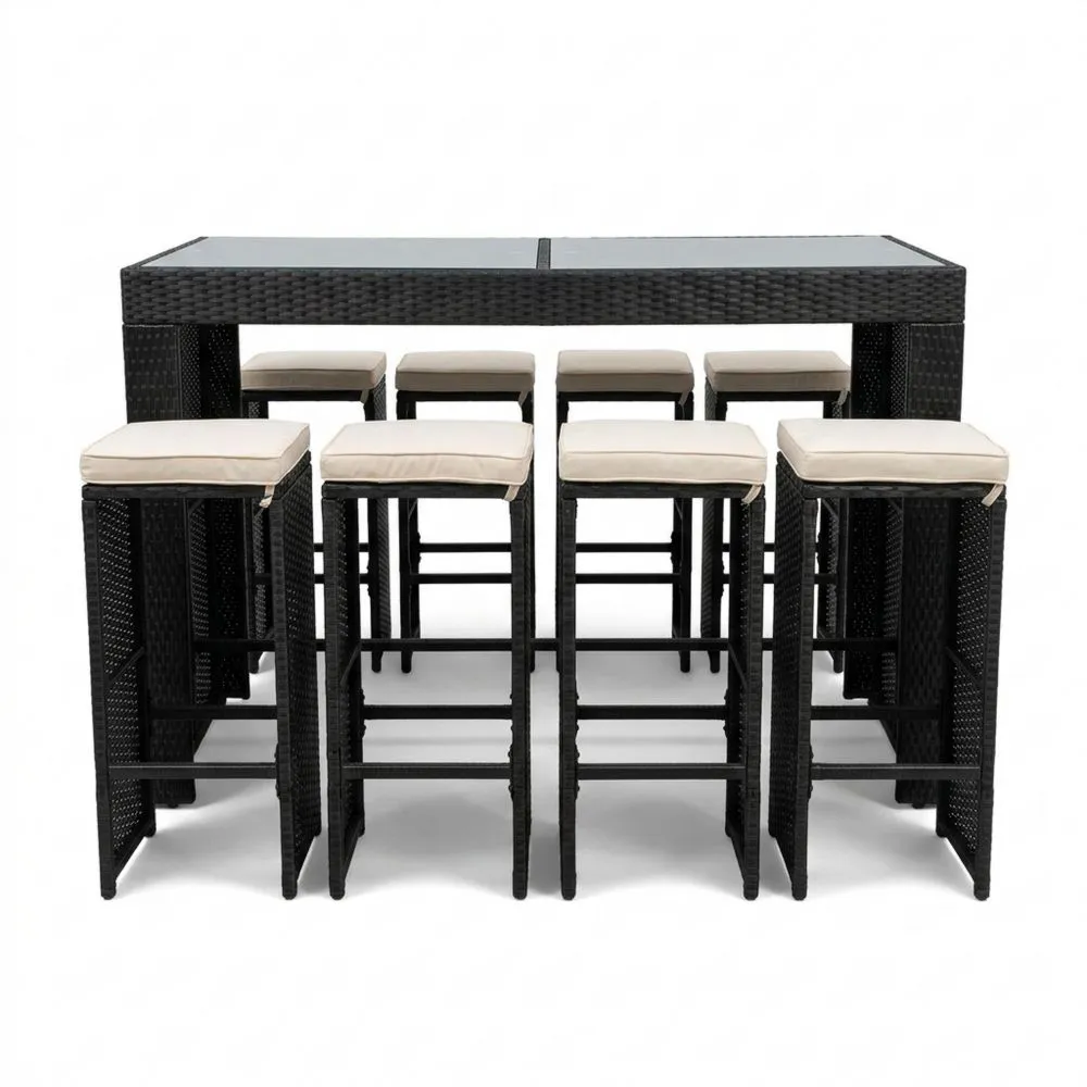 Set tavolo e sgabelli in rattan sintetico nero con cuscini bianchi, 9 pezzi