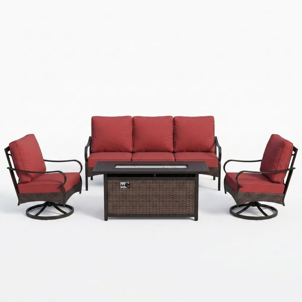 Set Divani da Giardino in Rattan Sintetico con Tavolo e Poltrone Cuscini Rossi