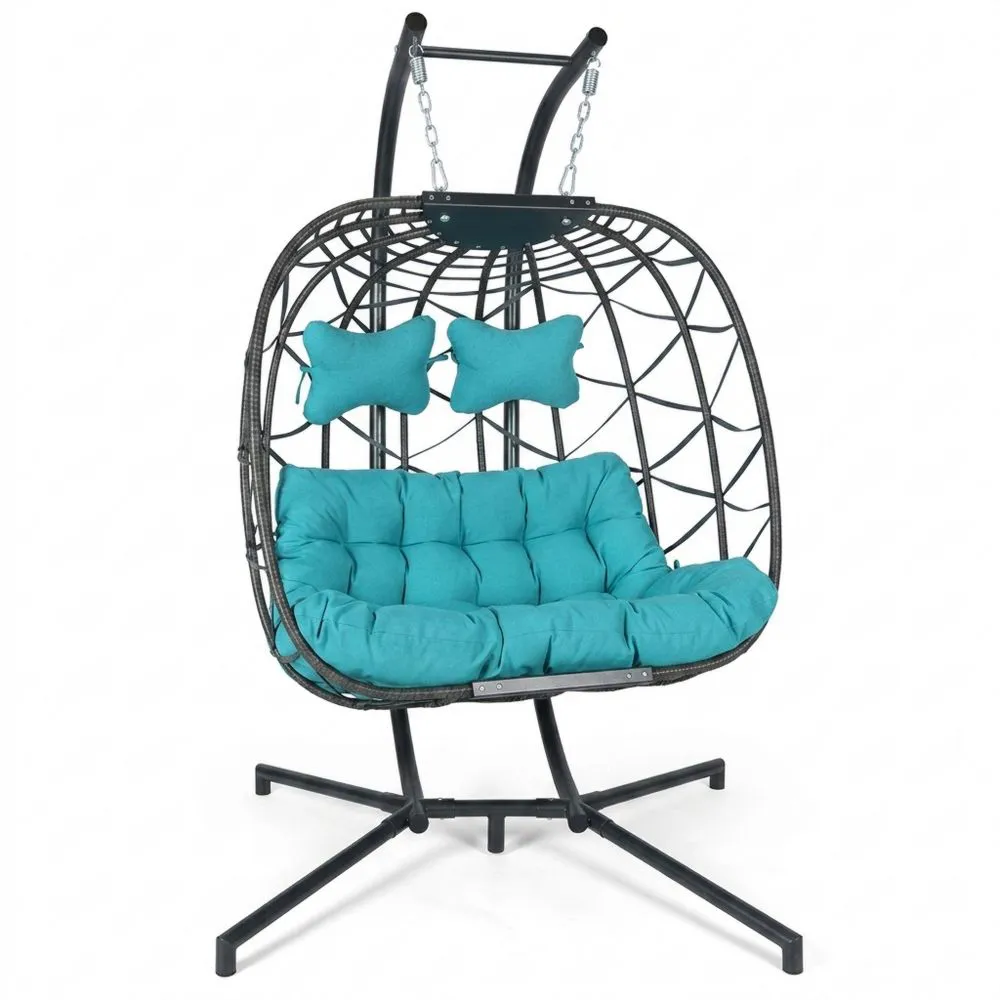 Sedia a Dondolo in Rattan con Cuscini in Poliestere Blu