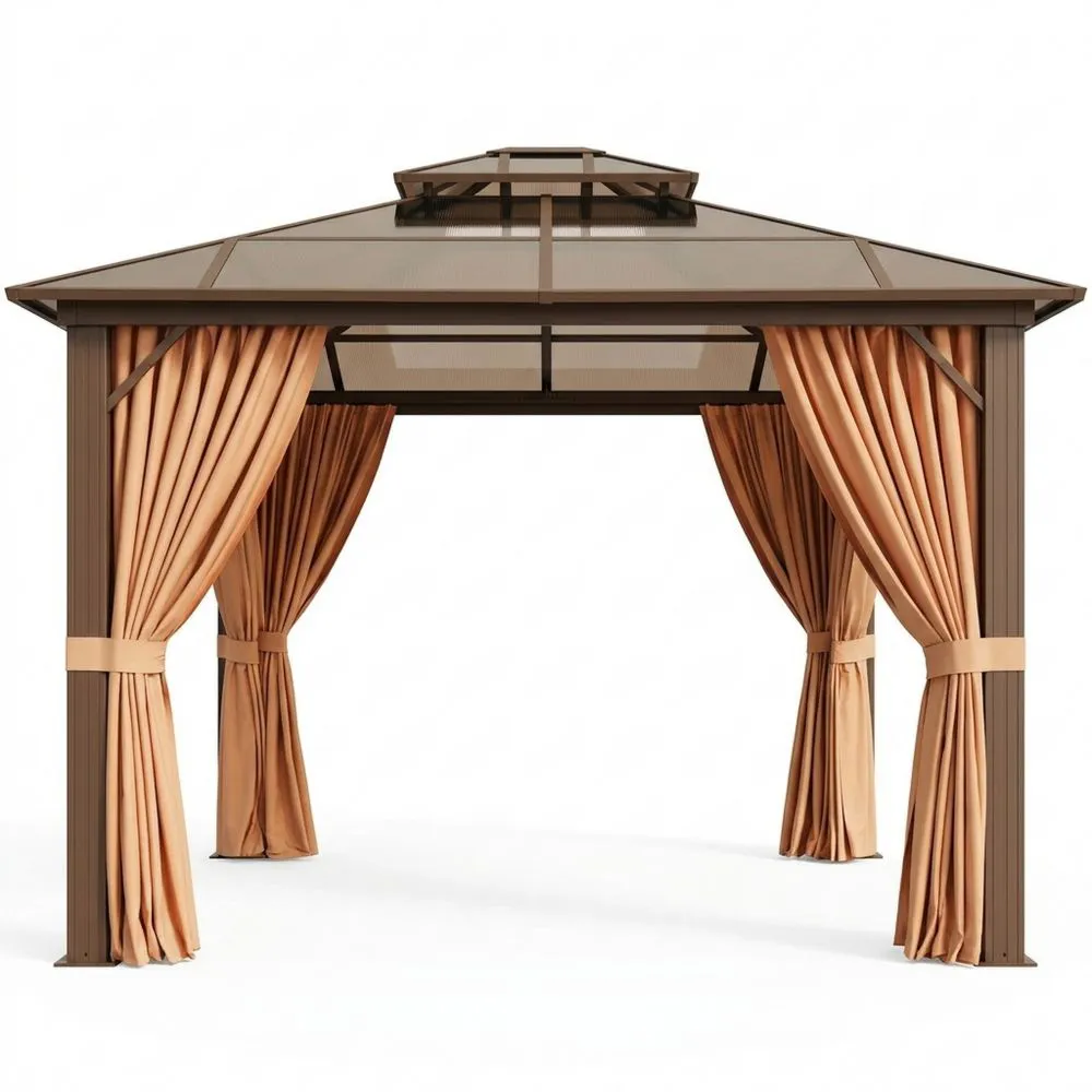 Gazebo da Giardino in Alluminio e Vetro Temperato con Tende in Poliestere