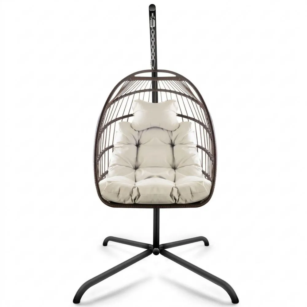 Sedia a Dondolo in Rattan Sintetico con Cuscini Crema