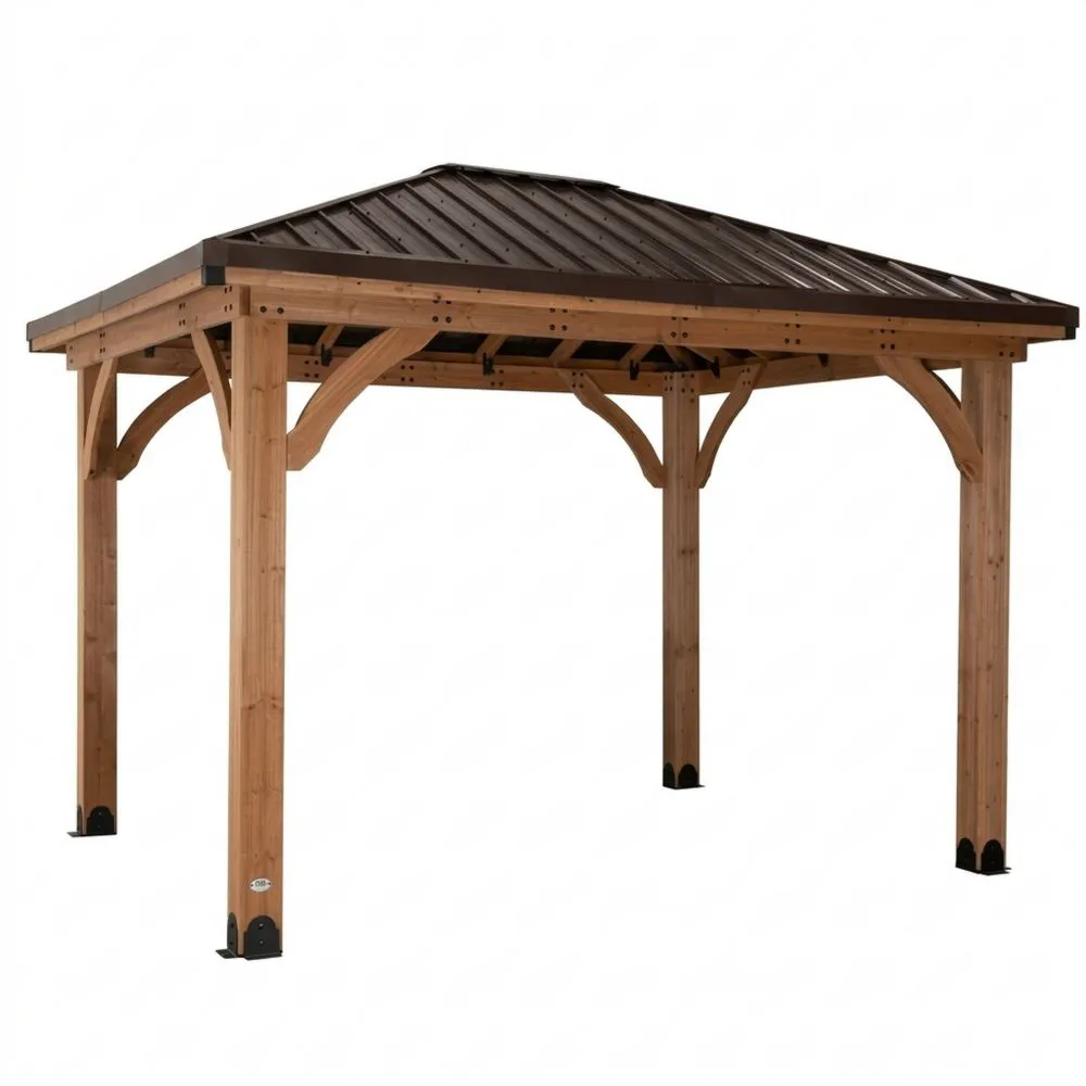 Gazebo in legno di cedro con tetto in acciaio zincato, 3x3 metri, marrone.