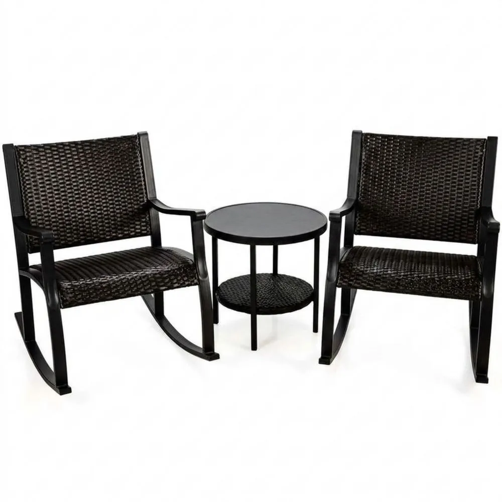 Set da Giardino con Sedie a Dondolo e Tavolino in Rattan Sintetico Nero