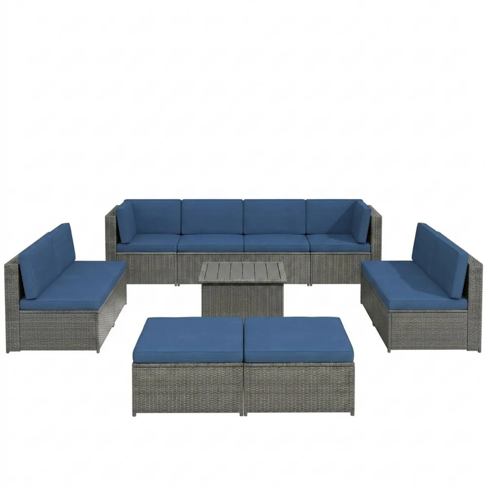Set Divano Modulare da Esterno in Rattan con Cuscini Blu