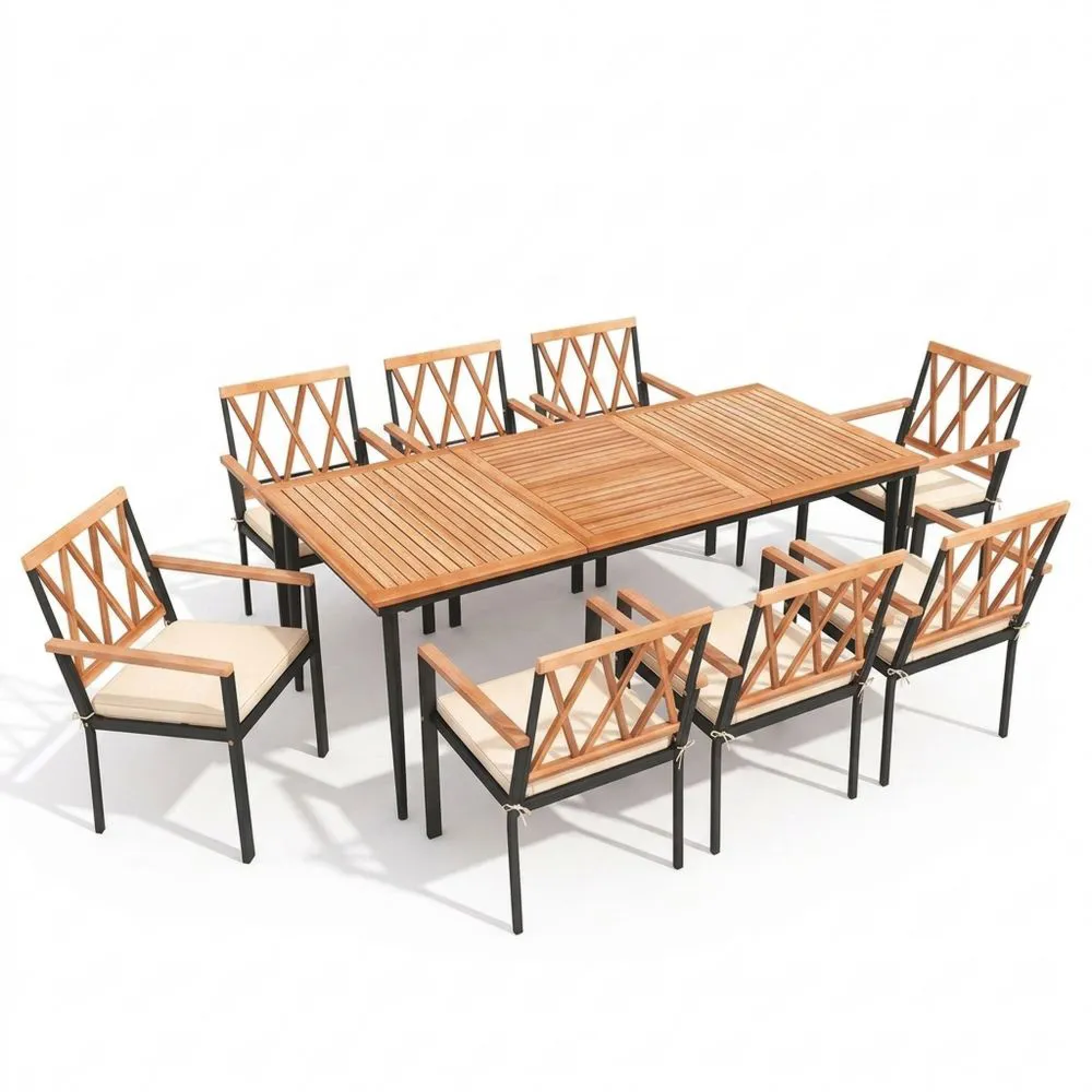 Tavolo e sedie da esterno in legno di acacia e alluminio.