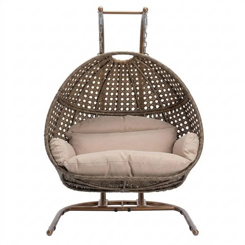 Sedia Sospesa in Rattan Sintetico Marrone con Cuscini Beige
