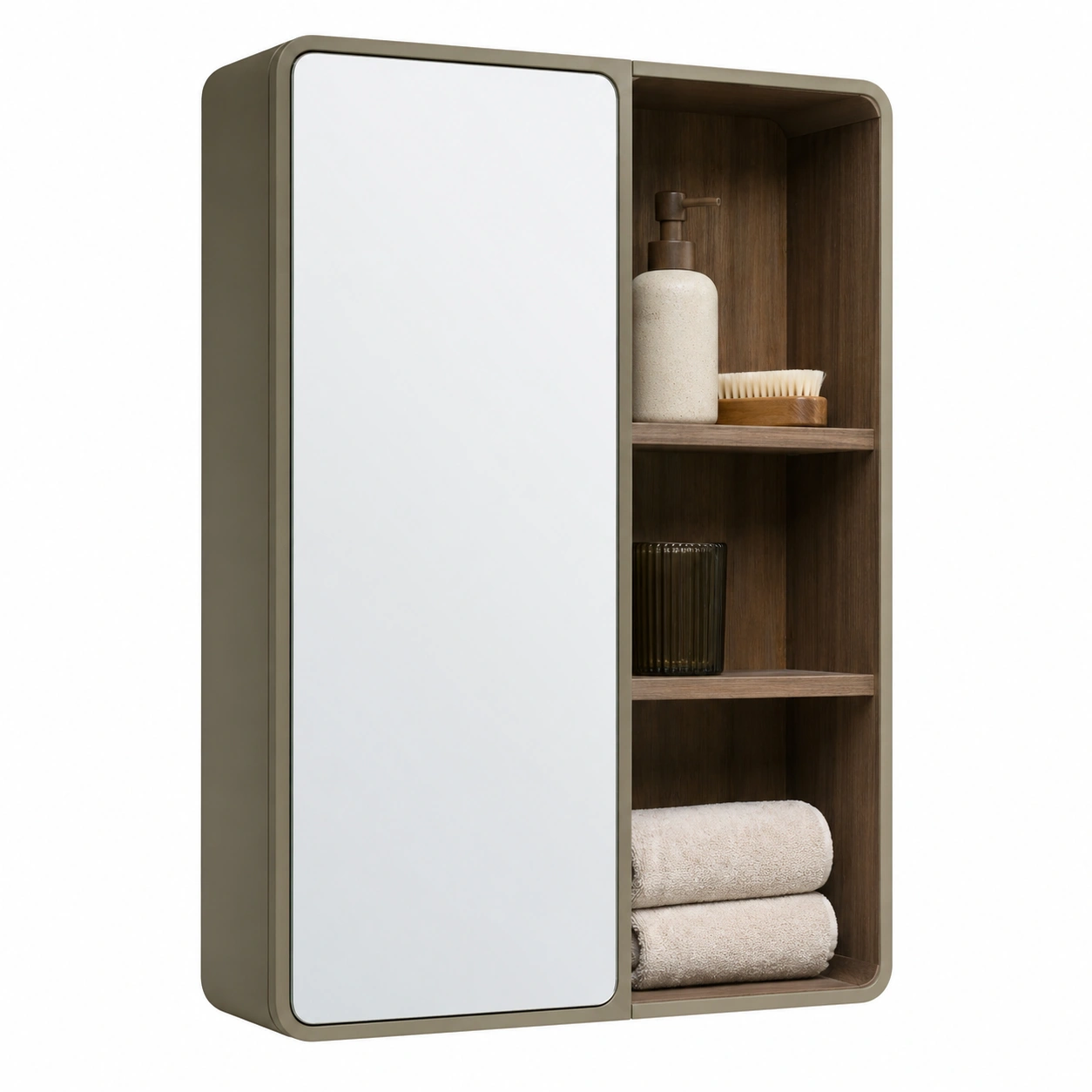 Armario de bano de pared con espejo y estantes abiertos diseno moderno Beige arena 60 cm-grabano