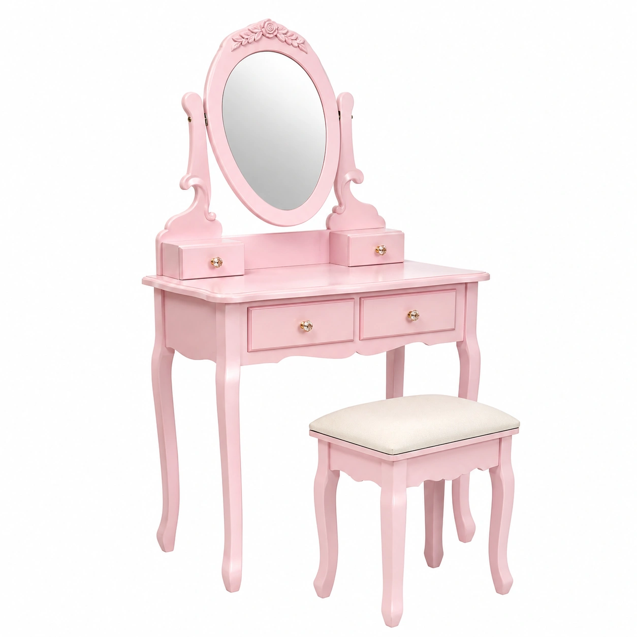 Tocador elegante con espejo ovalado y taburete acolchado estilo clasico rosa-grabano