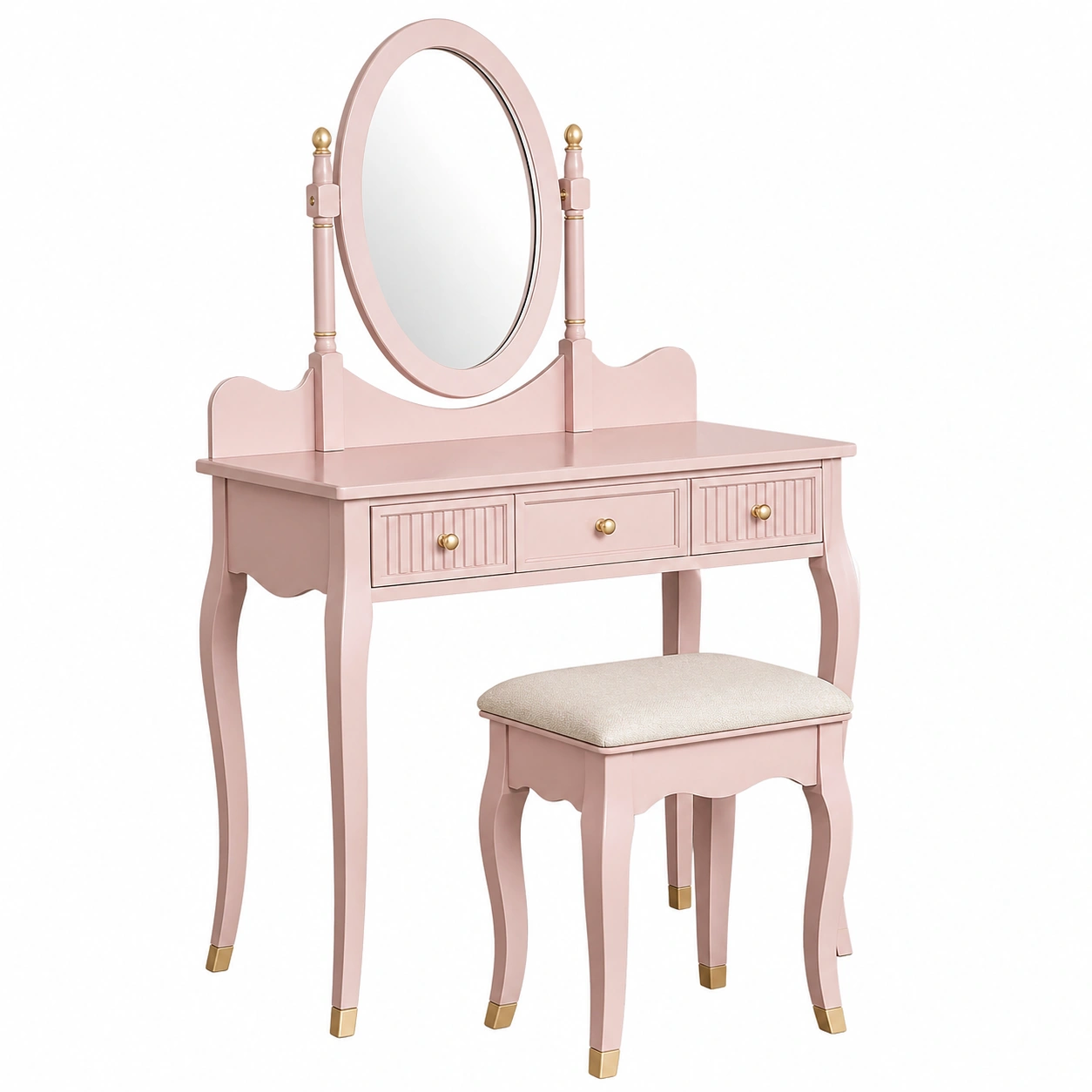 Tocador con espejo ovalado y taburete acolchado estilo clásico en rosa empolvado-grabano