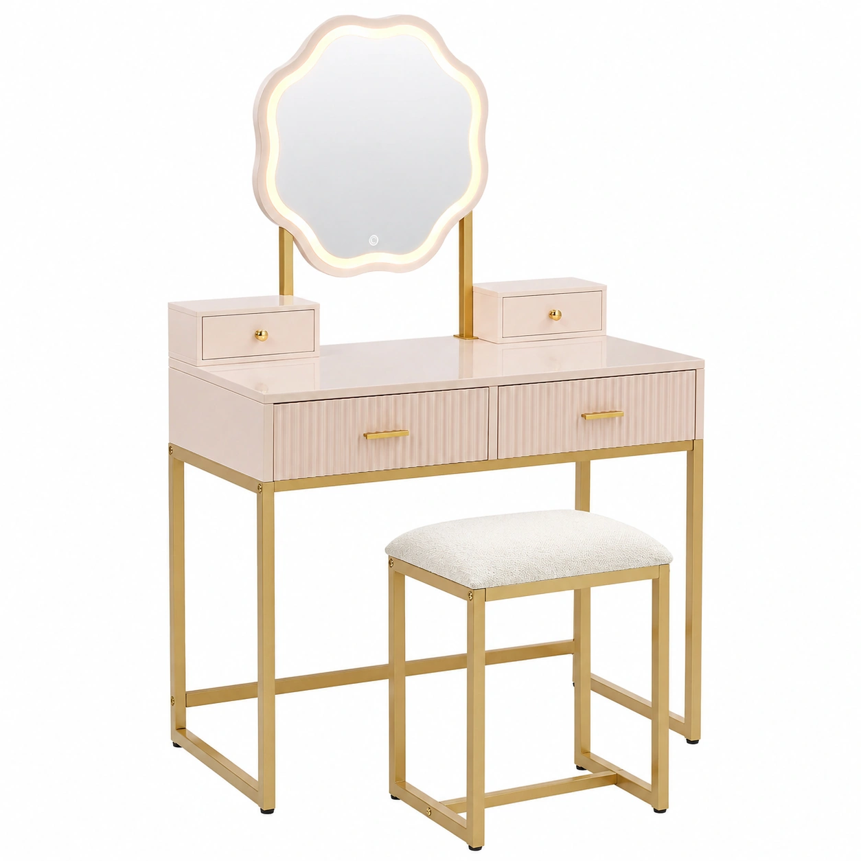 Tocador moderno con espejo LED ondulado y taburete tapizado en rosa claro-grabano