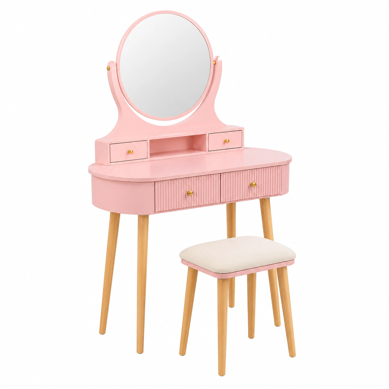 Tocador moderno con espejo redondo y taburete acolchado estilo nórdico rosa-grabano