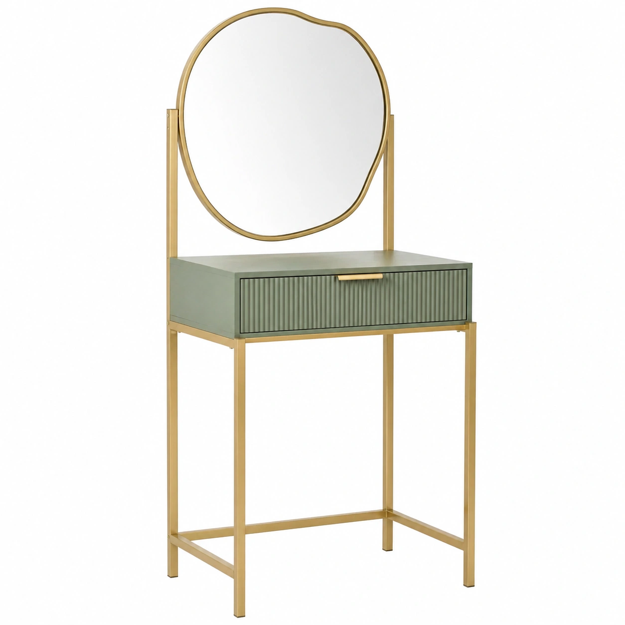 Tocador moderno con espejo irregular y cajón texturizado verde oliva-grabano