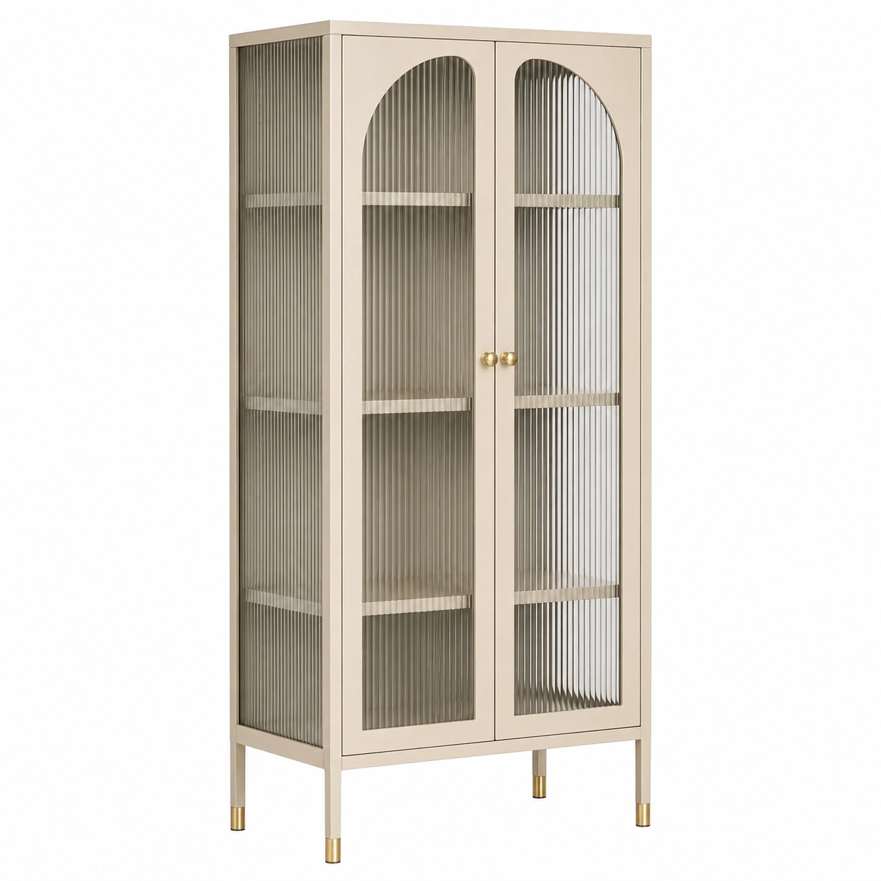 Vitrina alta moderna de metal verde menta con puertas de vidrio acanalado y detalles dorados-grabano