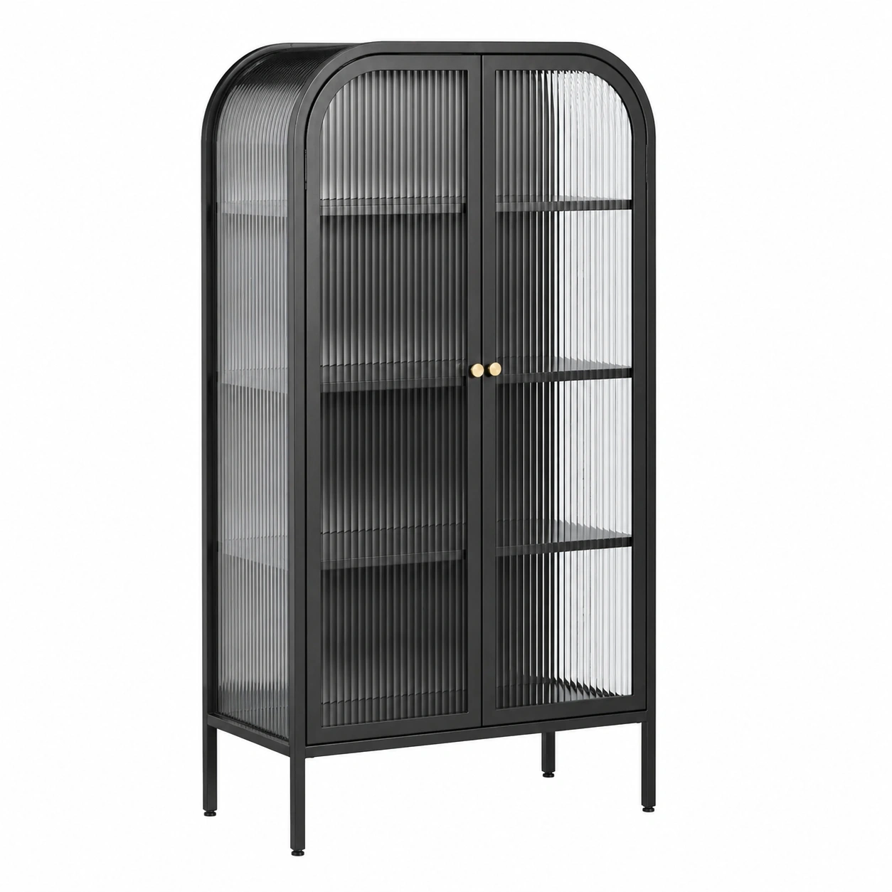 Vitrina metálica alta con puertas de vidrio acanalado y diseno arqueado Negro-grabano