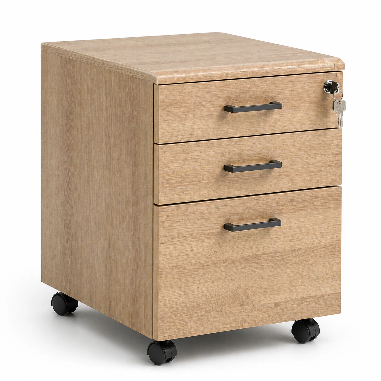 Cajonera de oficina con ruedas y cerradura en acabado madera natural moderna-grabano