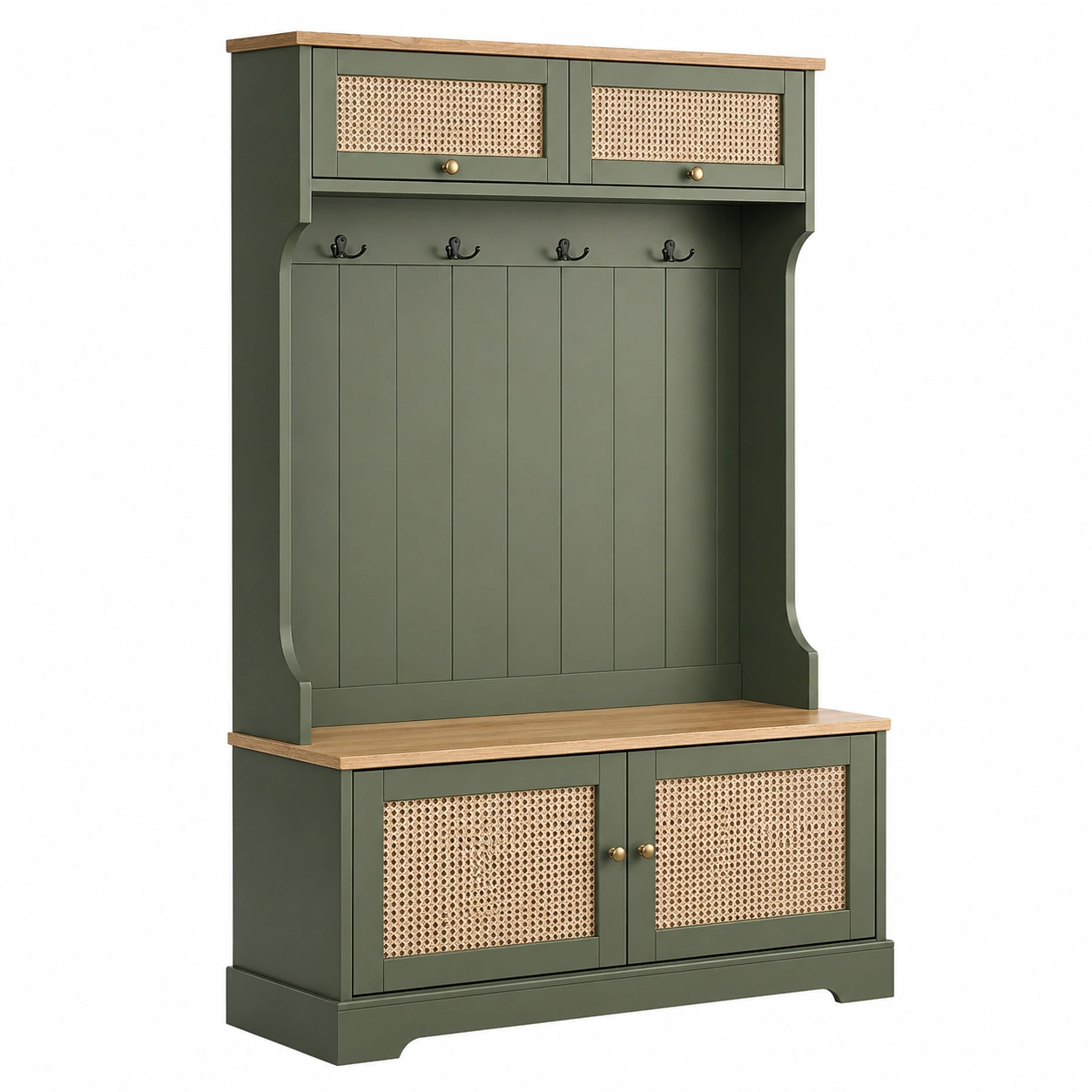 Zapatero con perchero estilo moderno con paneles de ratán y almacenaje integrado – Verde oliva-buynovae
