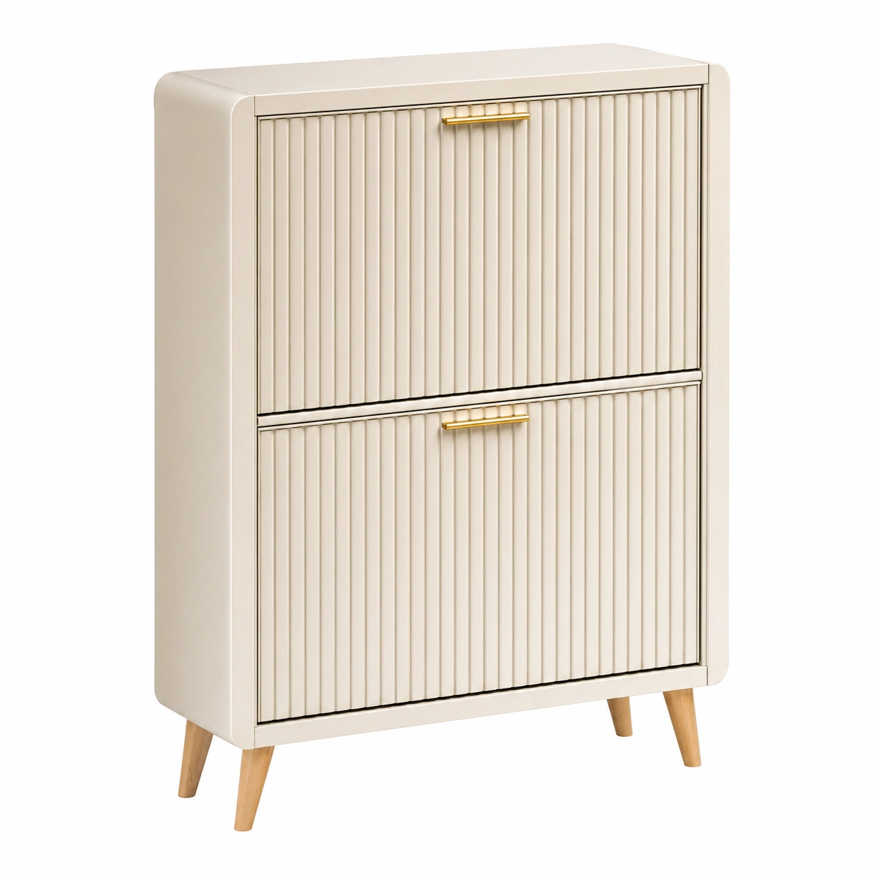 Zapatero moderno minimalista color beige claro con relieve vertical y patas nórdicas-buynovae