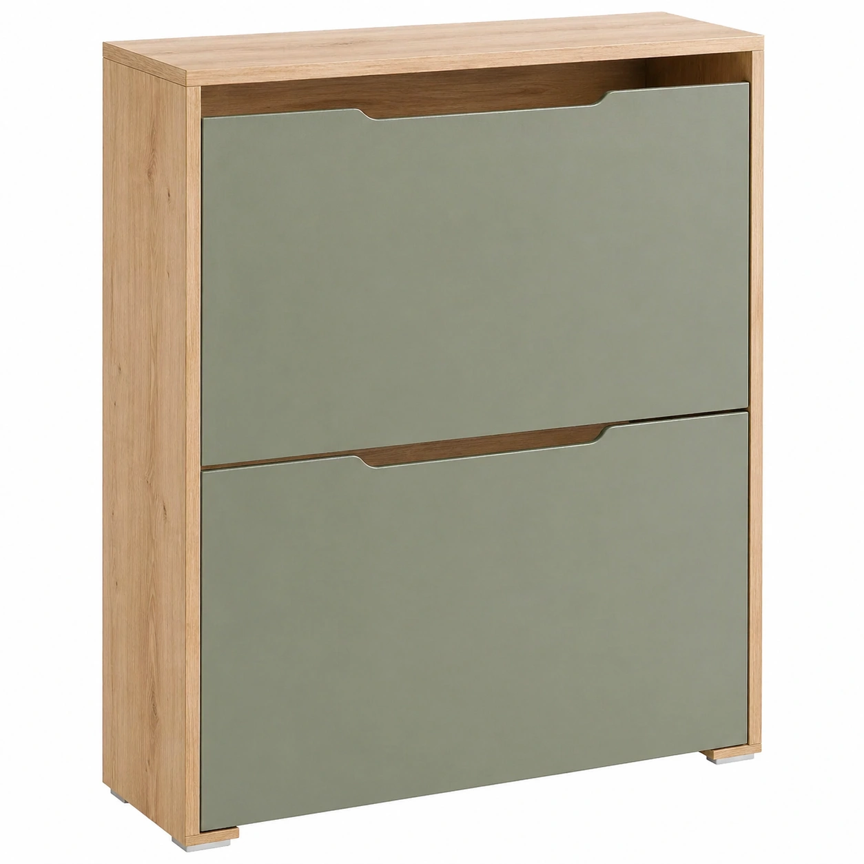 Zapatero moderno con almacenaje color Verde Salvia y estructura madera natural-buynovae